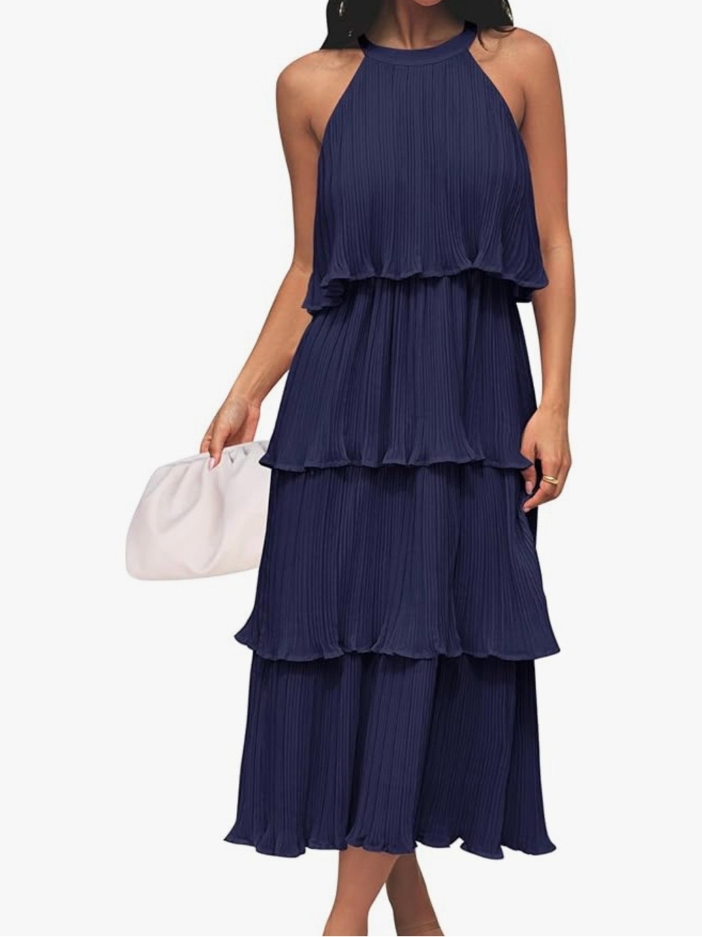 🩷 Sleeveless Navy Tiered Halter Neck Pleated Midi Dress Size S